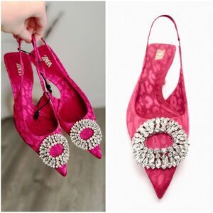 Zara Fuchsia Heels Slingbacks With Ornament Jewels New